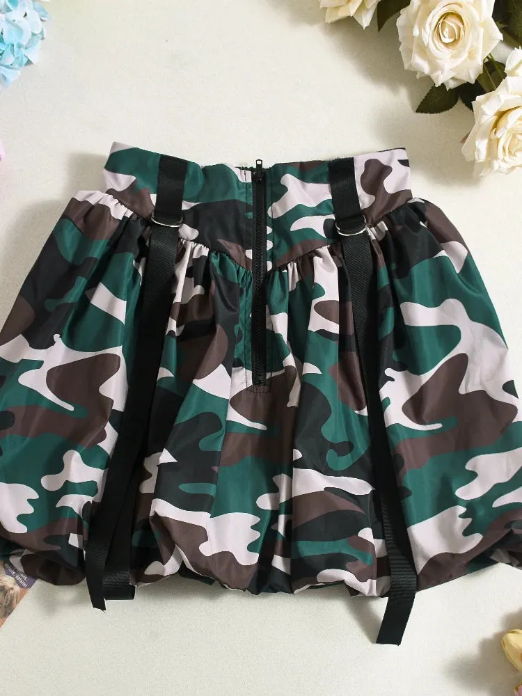 Bold Camouflage Print Miniskirt  Zipper Stretch Waist with Rings Patchwork