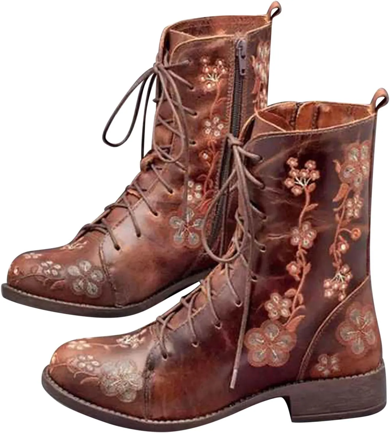 Boots for Women Printed Embroidery Boots Slipper Round Toe Chunky Heel Boots Outdoor Lace Up Mid Calf Boots