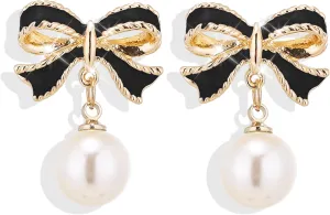 Bow Earrings for Women Pearl Bow Earrings Dangle Bowknot Earrings Pearl Drop Earrings Trendy Jewelry Gifts