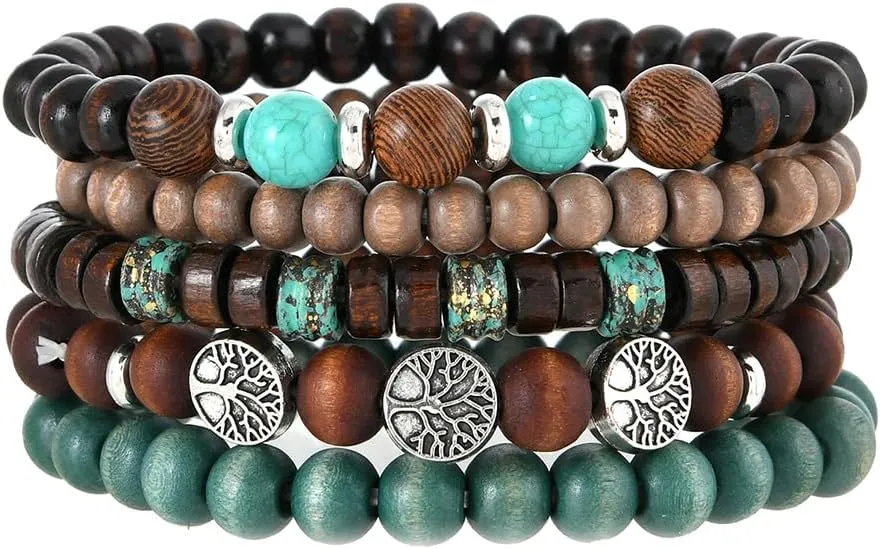 Bracelets for women Tree of Life Handmade Beaded Bracelet Set - 5-Piece stackable Multi-Layer Wooden Bead and Lava Stone Bracelet for Men and Women - Beaded Jewelry Gift