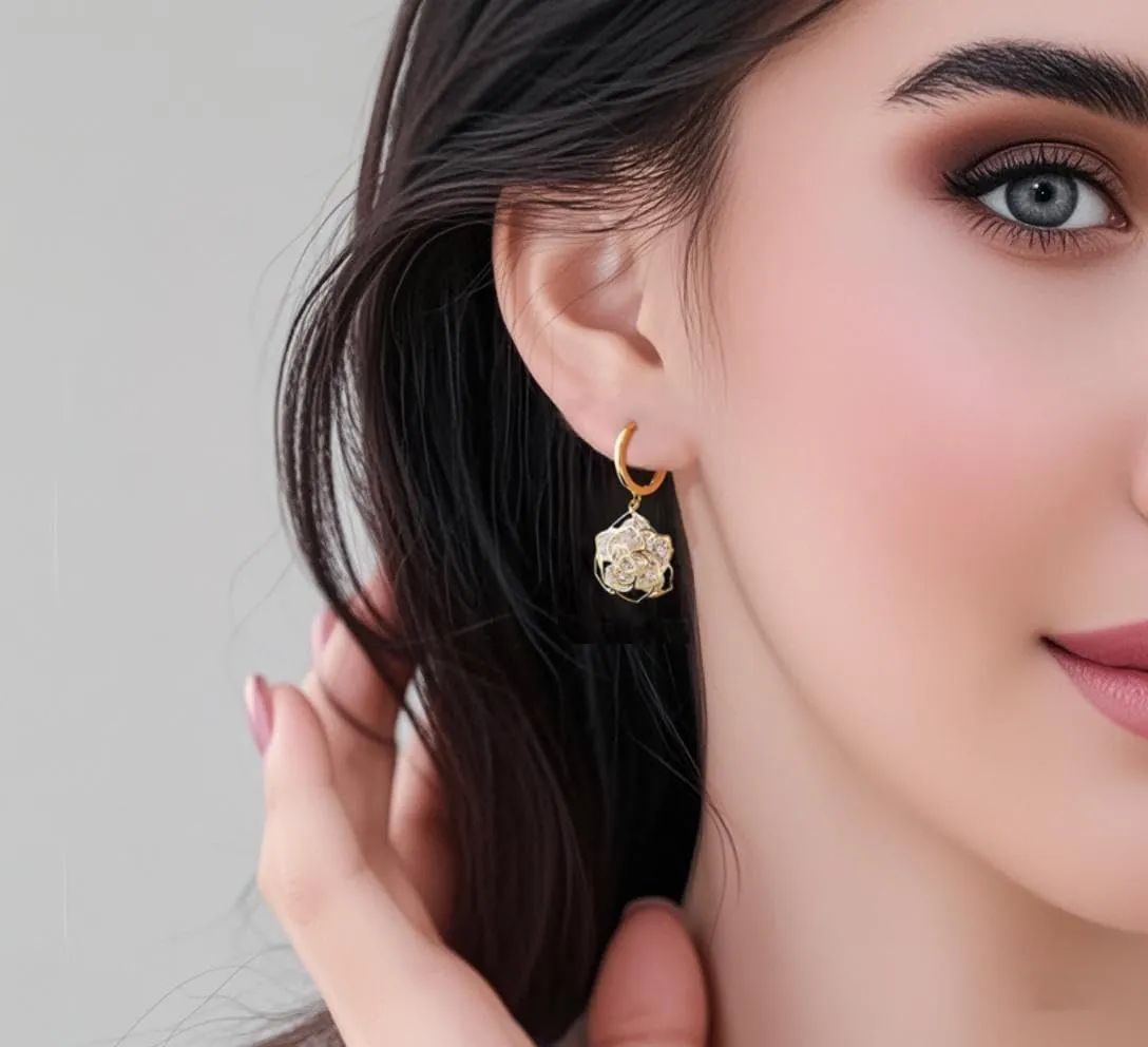 Camellia Flower Dangle Hoop Earrings for Women 14K Gold Plated Crystal Cubic Zirconia Floral Jewelry Gifts