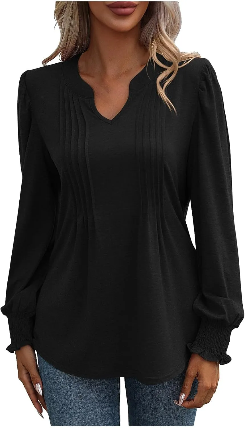 Casual Tunic Tops Women's Loose V Neck Ruffle Long Lantern Sleeve Blouse Solid Color Front Pleated Tee Shirt Fall