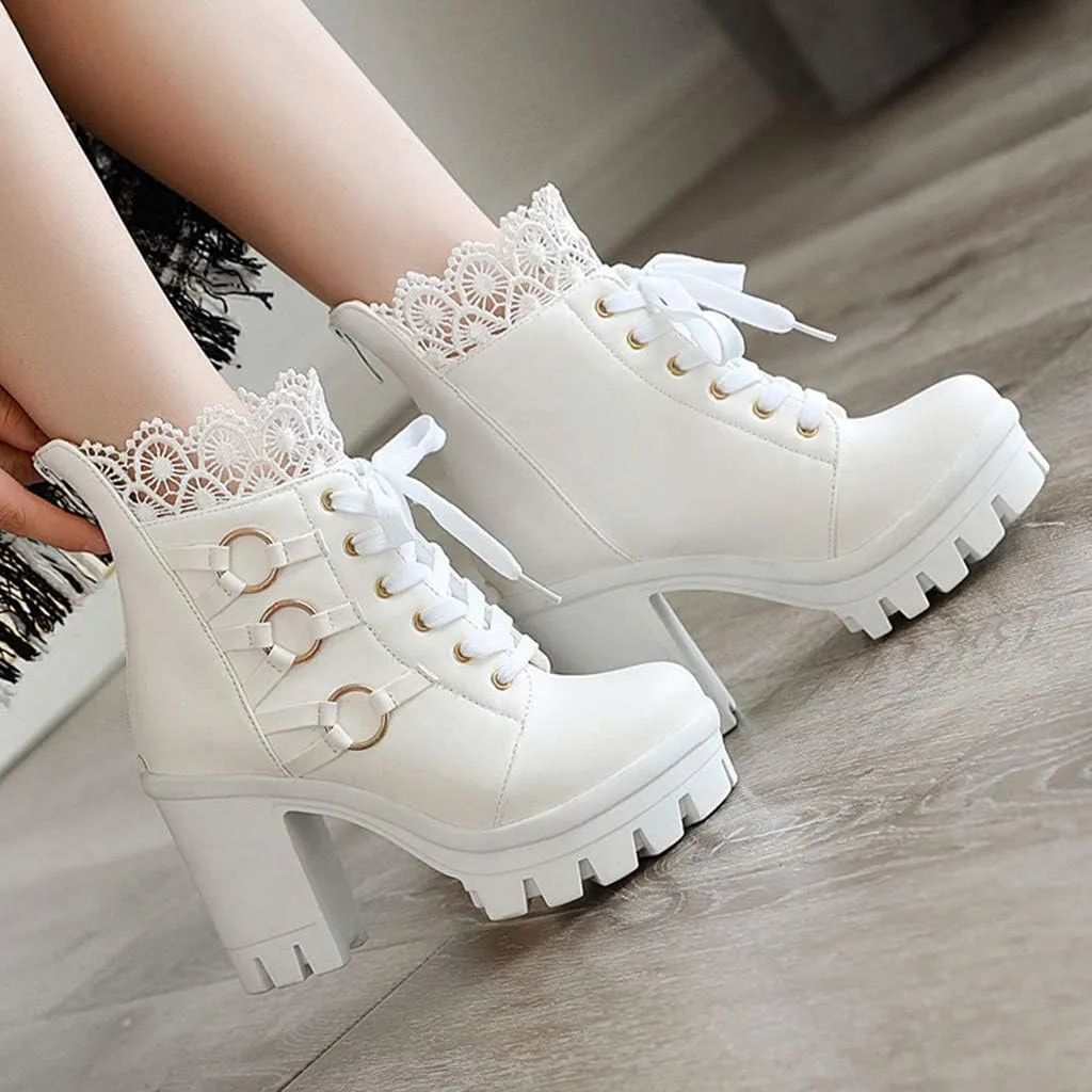 Cathalem Women's Ankle Boots & Booties Goth Platform Combat Boots Chunky High Heels Ankle Boots Lace Buckle Gothic Booties