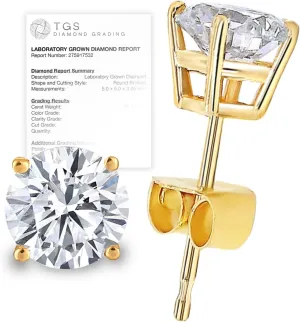 Certified 1/4-3.0 Carat Lab Grown Diamond Earrings in 14K Gold, Premium Collection of Diamond Stud Earrings for Women and Men, Quality Studs in Exceptional Color/Clarity