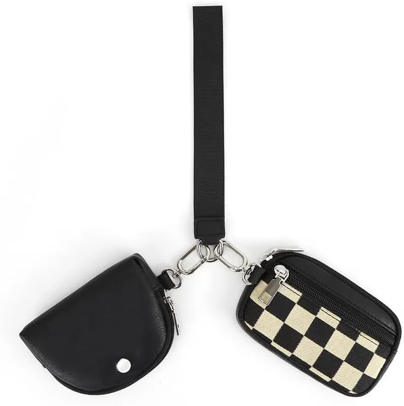 Checkered Wristlet Wallets for Women Checkerboard Dual Pouch Keychain Wristlet Coin Purse with Card Holder (Black)