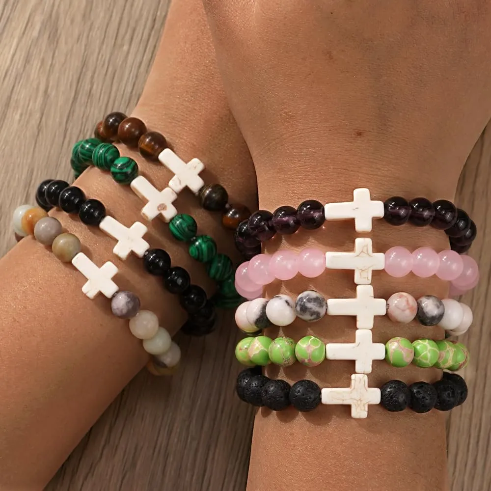 Christian Cross Beaded Religious Gemstone Bracelets for Women Men Natural Stone Healing Stretch Best Friends Jewelry Gift