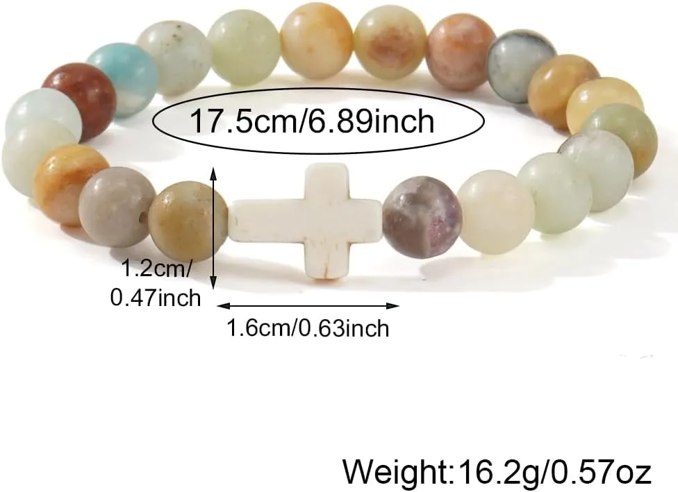 Christian Cross Beaded Religious Gemstone Bracelets for Women Men Natural Stone Healing Stretch Best Friends Jewelry Gift