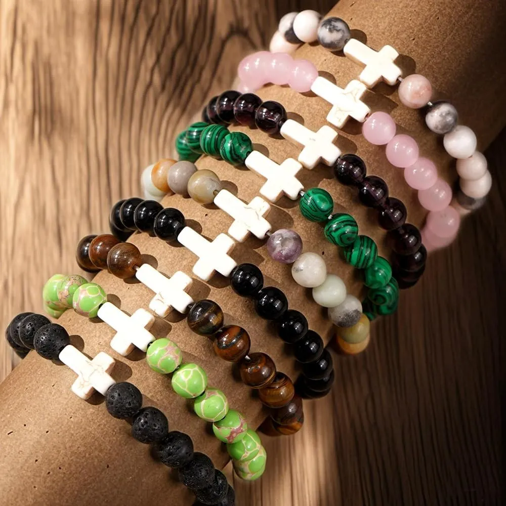 Christian Cross Beaded Religious Gemstone Bracelets for Women Men Natural Stone Healing Stretch Best Friends Jewelry Gift