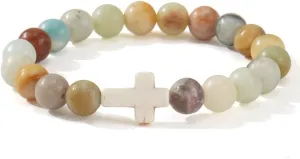 Christian Cross Beaded Religious Gemstone Bracelets for Women Men Natural Stone Healing Stretch Best Friends Jewelry Gift