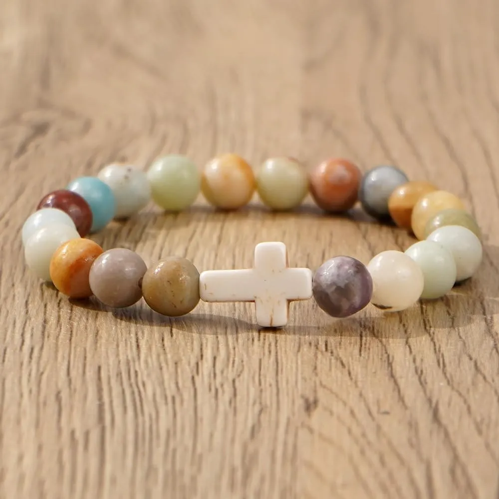 Christian Cross Beaded Religious Gemstone Bracelets for Women Men Natural Stone Healing Stretch Best Friends Jewelry Gift