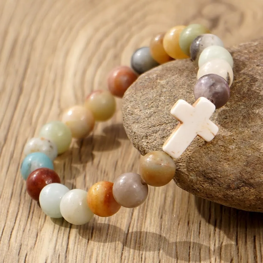 Christian Cross Beaded Religious Gemstone Bracelets for Women Men Natural Stone Healing Stretch Best Friends Jewelry Gift