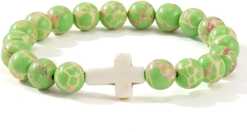 Christian Cross Beaded Religious Gemstone Bracelets for Women Men Natural Stone Healing Stretch Best Friends Jewelry Gift
