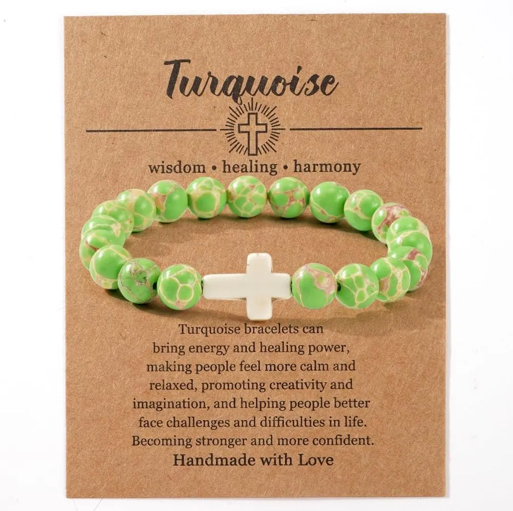 Christian Cross Beaded Religious Gemstone Bracelets for Women Men Natural Stone Healing Stretch Best Friends Jewelry Gift