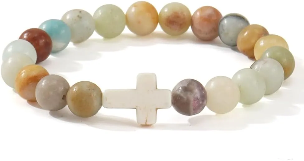 Christian Cross Beaded Religious Gemstone Bracelets for Women Men Natural Stone Healing Stretch Best Friends Jewelry Gift