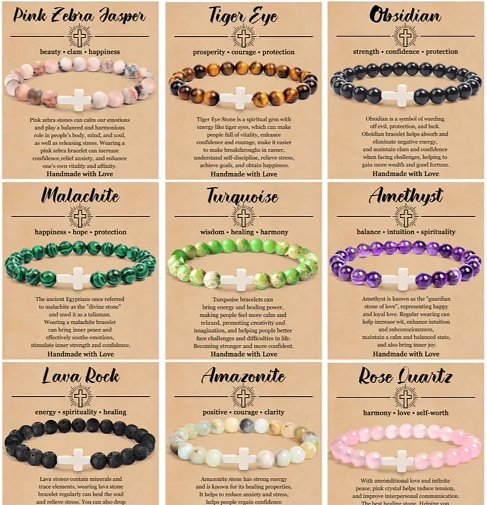 Christian Cross Beaded Religious Gemstone Bracelets for Women Men Natural Stone Healing Stretch Best Friends Jewelry Gift