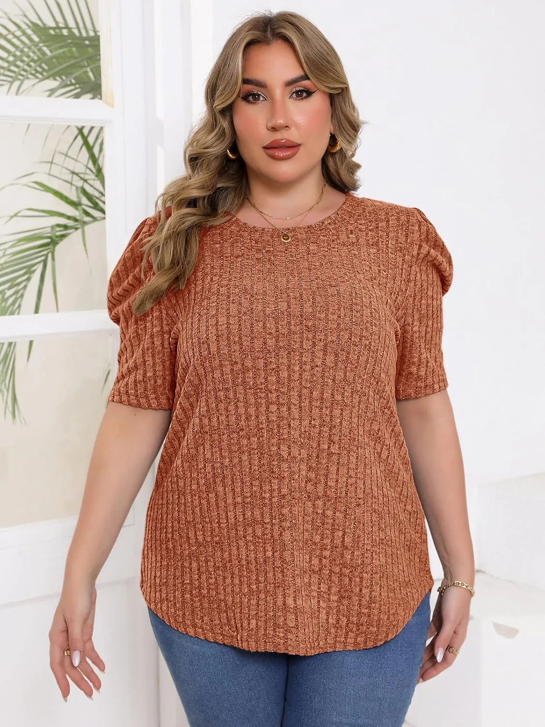 Chulianyouhuo Womens Plus Size Tops Puff Short Sleeve Crew Neck Knit Shirts Summer Lightweight Casual Blouse