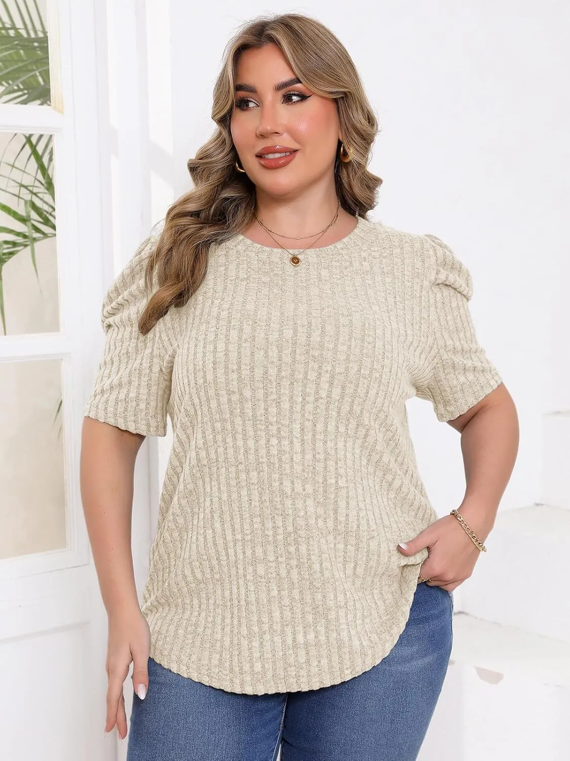 Chulianyouhuo Womens Plus Size Tops Puff Short Sleeve Crew Neck Knit Shirts Summer Lightweight Casual Blouse