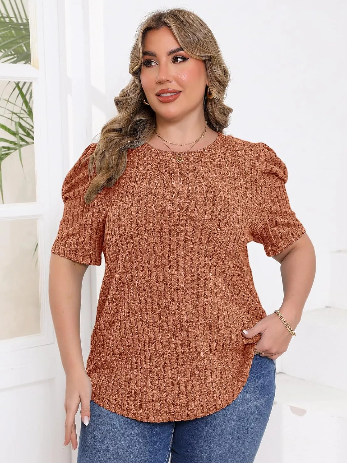 Chulianyouhuo Womens Plus Size Tops Puff Short Sleeve Crew Neck Knit Shirts Summer Lightweight Casual Blouse