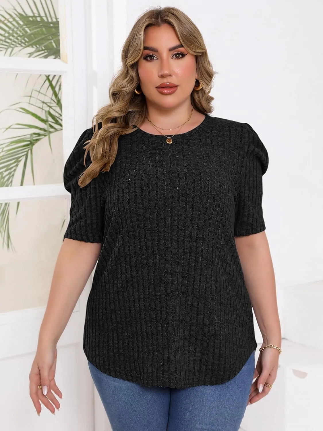 Chulianyouhuo Womens Plus Size Tops Puff Short Sleeve Crew Neck Knit Shirts Summer Lightweight Casual Blouse