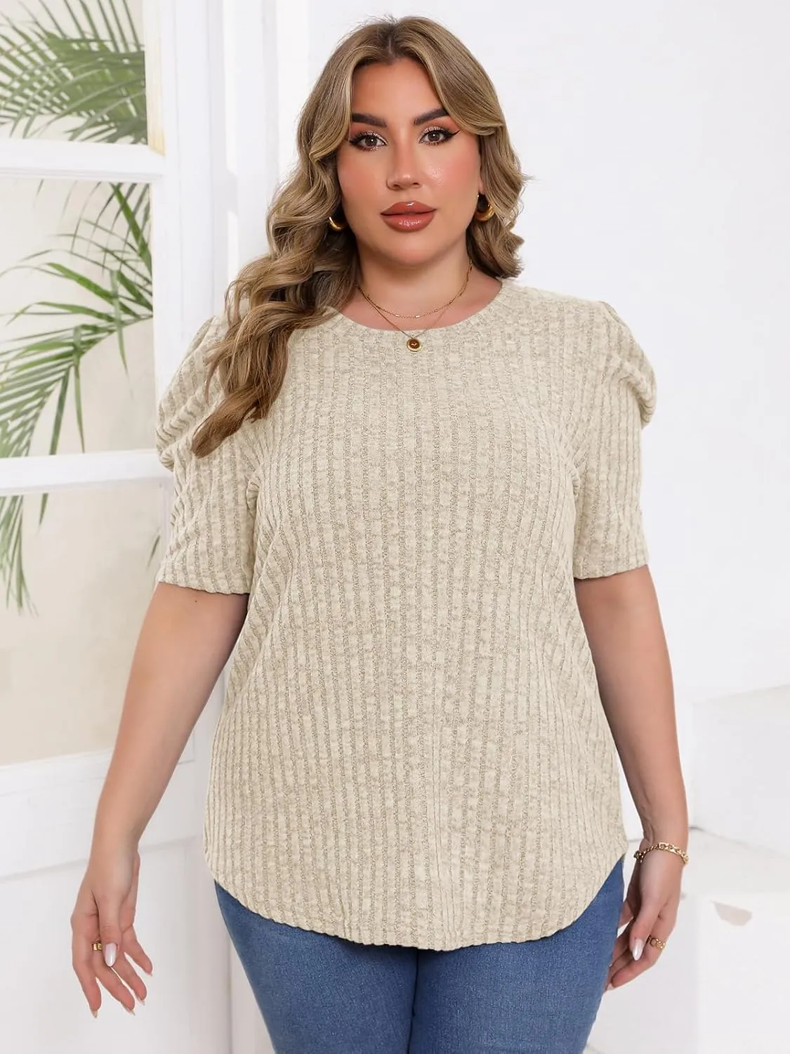 Chulianyouhuo Womens Plus Size Tops Puff Short Sleeve Crew Neck Knit Shirts Summer Lightweight Casual Blouse