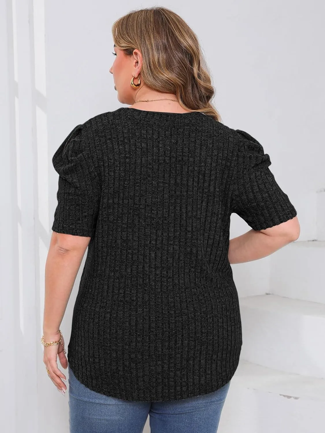 Chulianyouhuo Womens Plus Size Tops Puff Short Sleeve Crew Neck Knit Shirts Summer Lightweight Casual Blouse