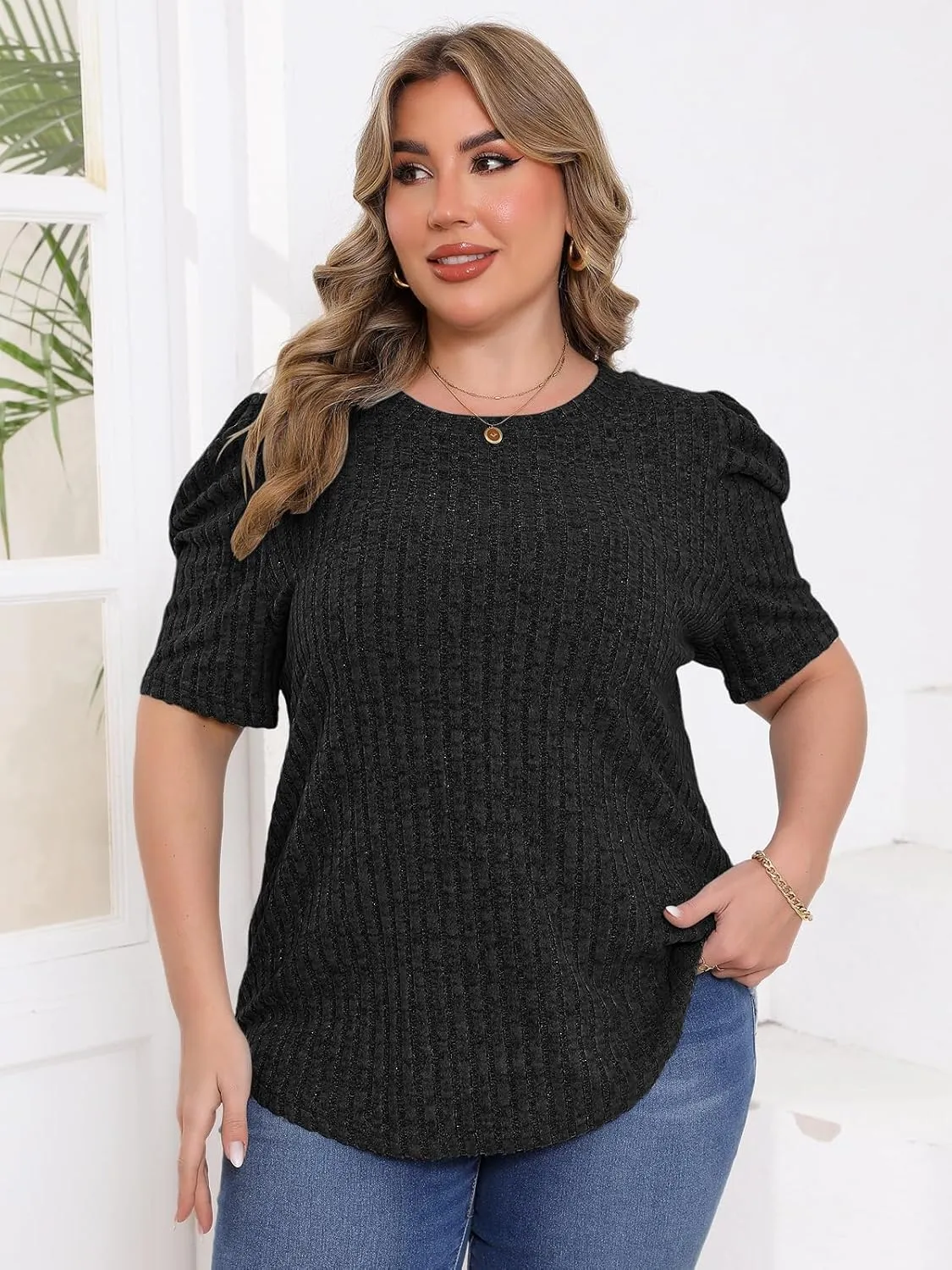 Chulianyouhuo Womens Plus Size Tops Puff Short Sleeve Crew Neck Knit Shirts Summer Lightweight Casual Blouse