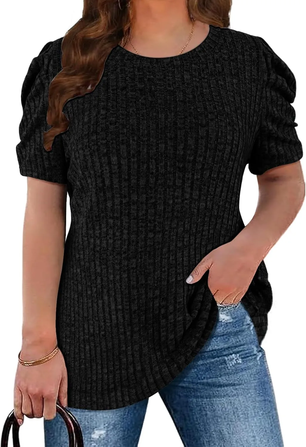 Chulianyouhuo Womens Plus Size Tops Puff Short Sleeve Crew Neck Knit Shirts Summer Lightweight Casual Blouse