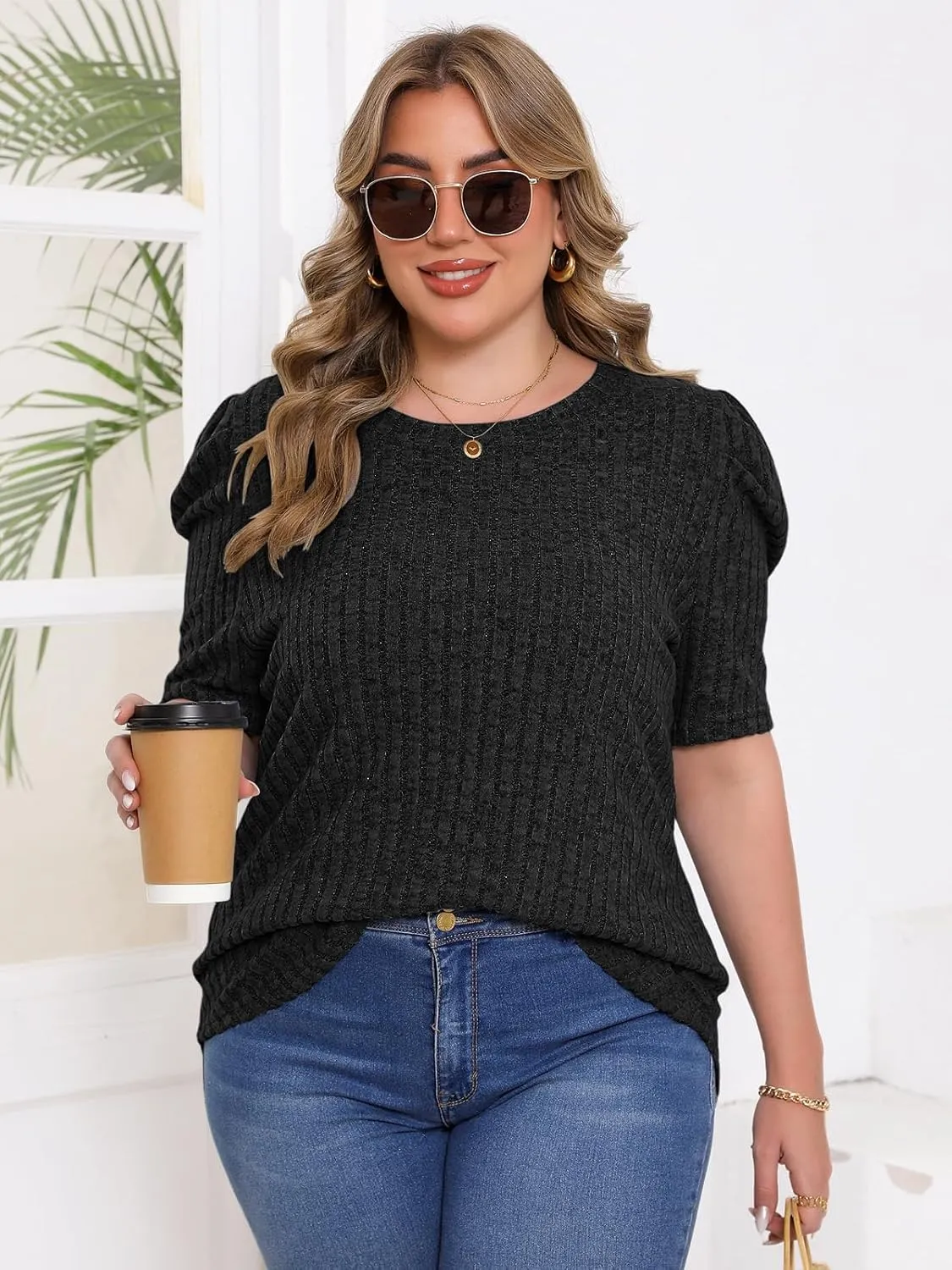 Chulianyouhuo Womens Plus Size Tops Puff Short Sleeve Crew Neck Knit Shirts Summer Lightweight Casual Blouse