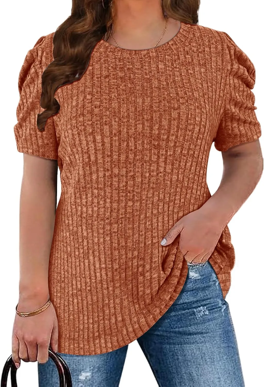 Chulianyouhuo Womens Plus Size Tops Puff Short Sleeve Crew Neck Knit Shirts Summer Lightweight Casual Blouse