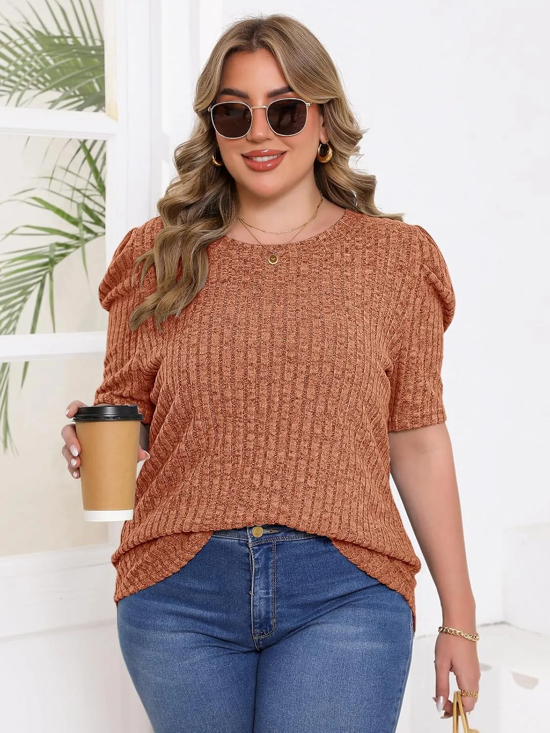 Chulianyouhuo Womens Plus Size Tops Puff Short Sleeve Crew Neck Knit Shirts Summer Lightweight Casual Blouse