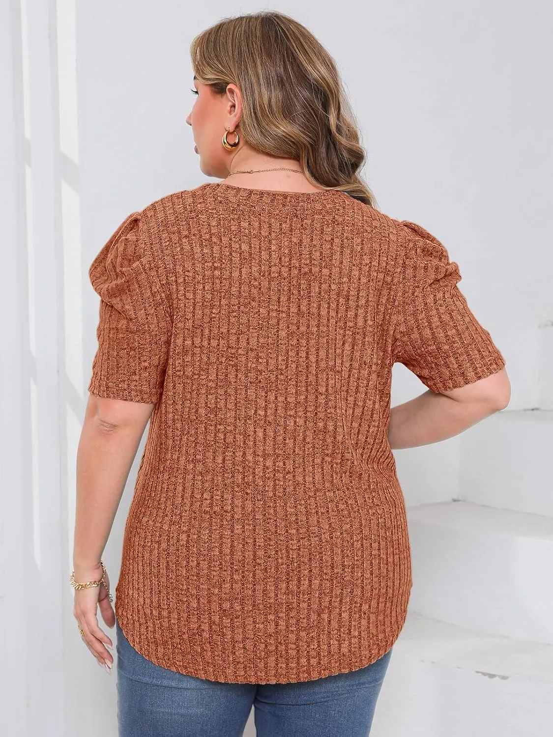 Chulianyouhuo Womens Plus Size Tops Puff Short Sleeve Crew Neck Knit Shirts Summer Lightweight Casual Blouse