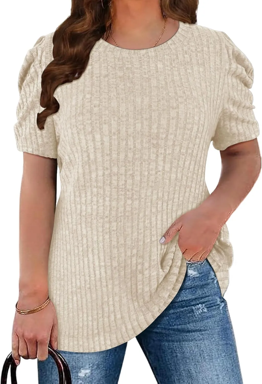 Chulianyouhuo Womens Plus Size Tops Puff Short Sleeve Crew Neck Knit Shirts Summer Lightweight Casual Blouse