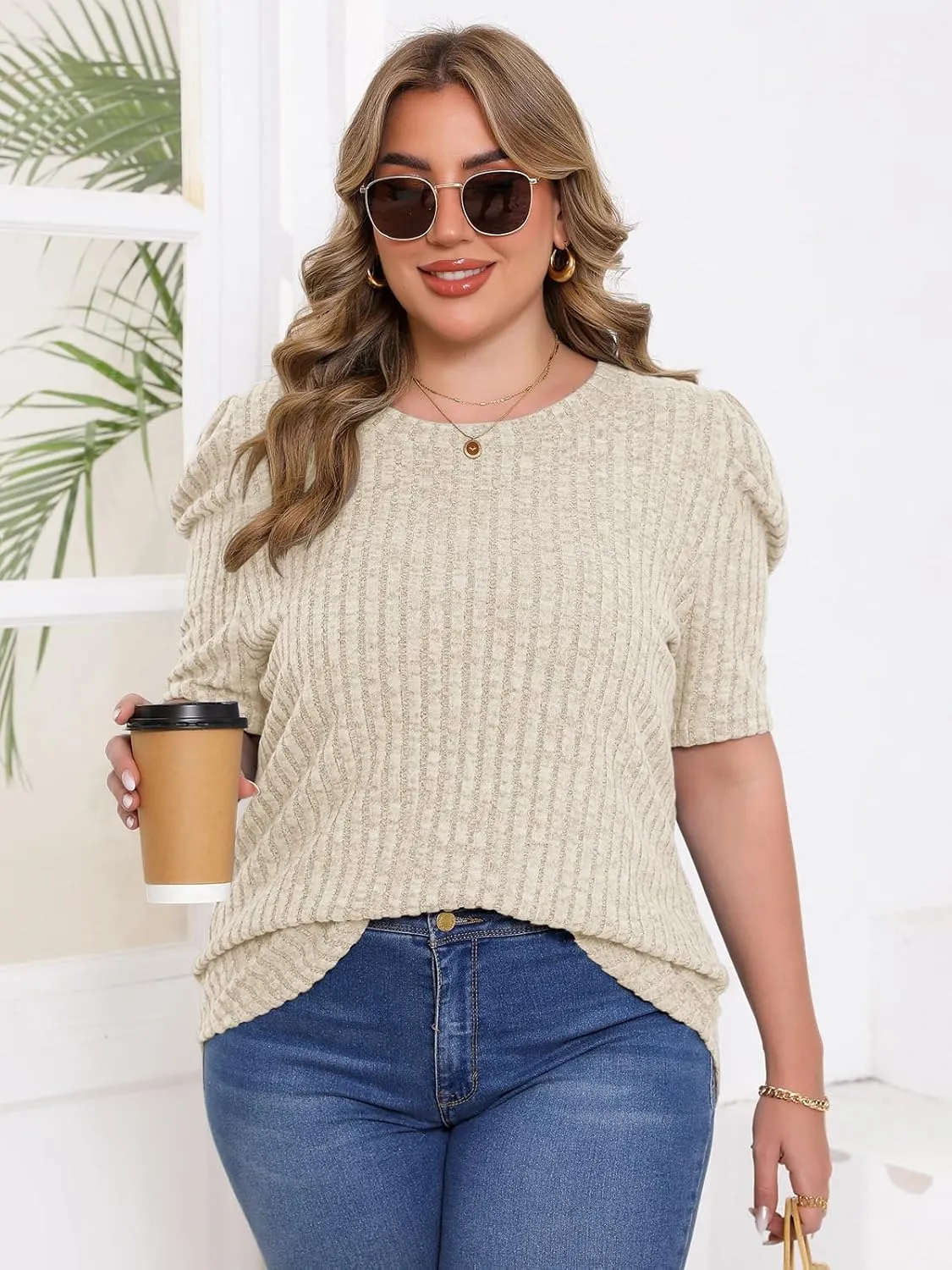 Chulianyouhuo Womens Plus Size Tops Puff Short Sleeve Crew Neck Knit Shirts Summer Lightweight Casual Blouse