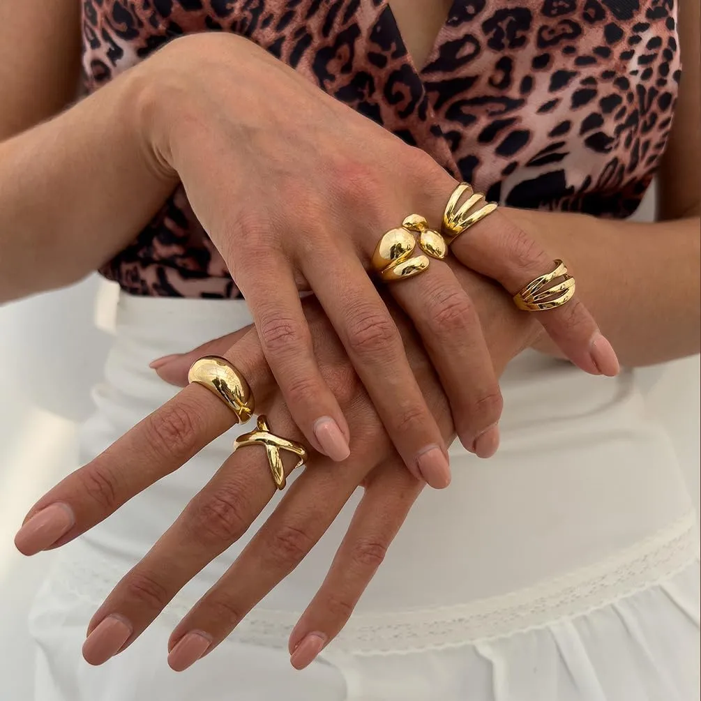 Chunky Gold Bold Huggie Circle Open Rings Stacked for Women, Thick Statement Silver Stackable Hollow X Rings Set Irregular Liquid Metal Jewelry Gifts