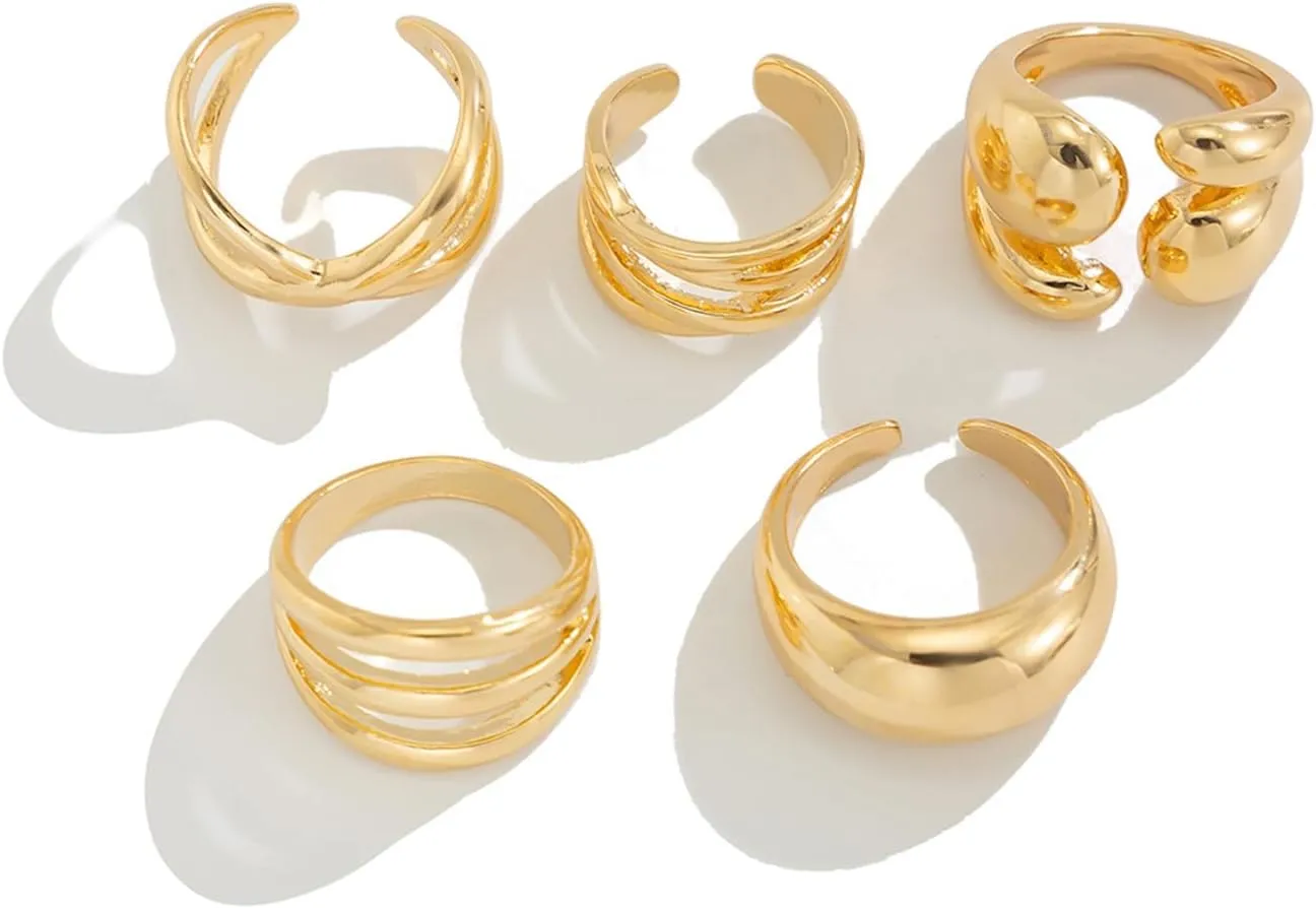 Chunky Gold Bold Huggie Circle Open Rings Stacked for Women, Thick Statement Silver Stackable Hollow X Rings Set Irregular Liquid Metal Jewelry Gifts