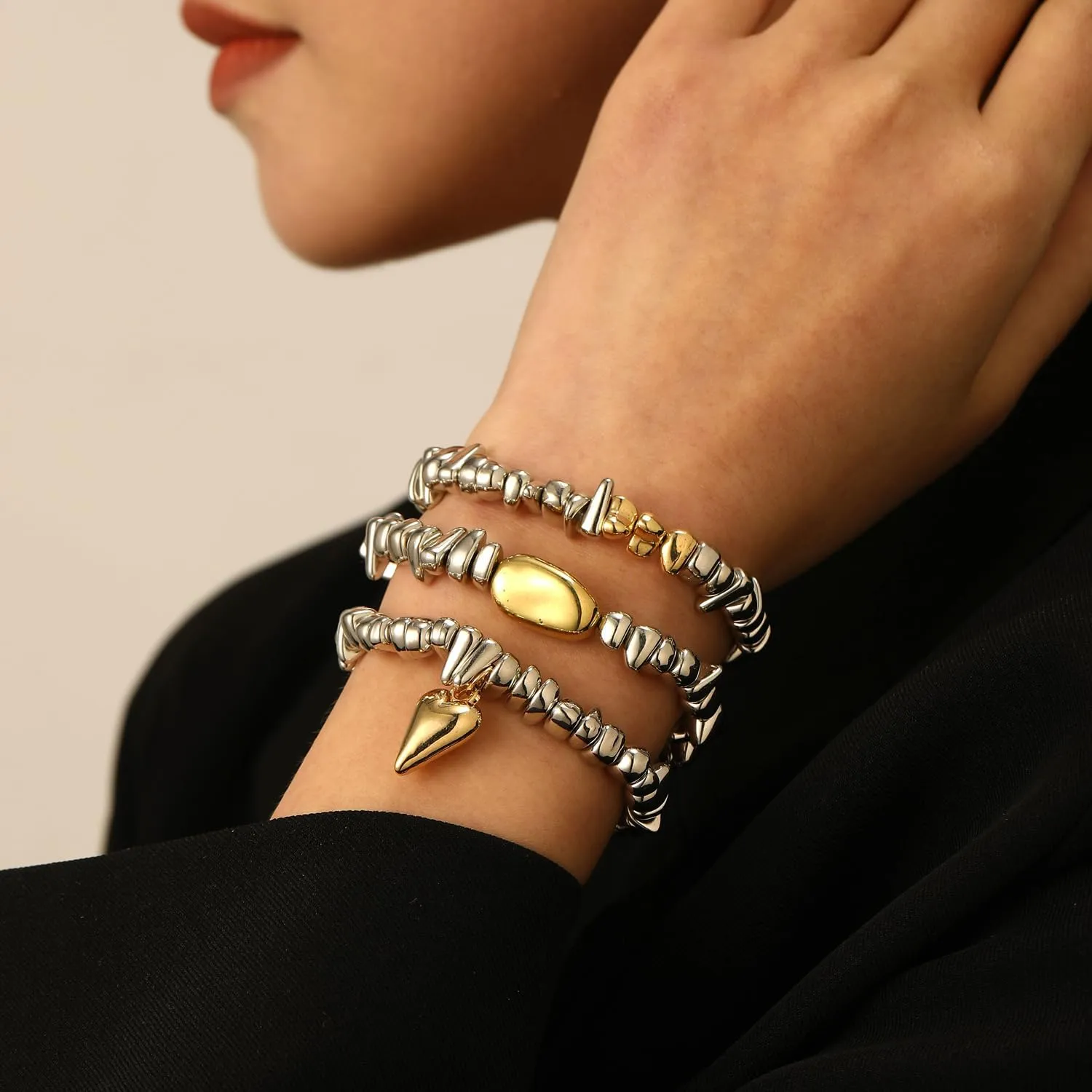 Chunky Gold Bracelets for Women Stackable Bracelets Big Gold Silver Ball Bangle Stretch Beaded Bracelets Jewelry