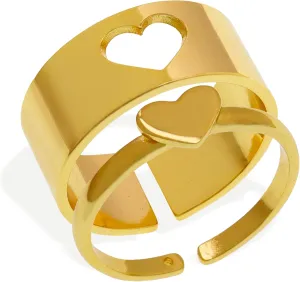 Chunky Gold Opening Matching Rings for Couples, Valentines Day Adjustable Trendy Simple Heart Cross Butterfly Hollow Stackable Ring Love Engagement Promise Wedding Jewelry Gift
