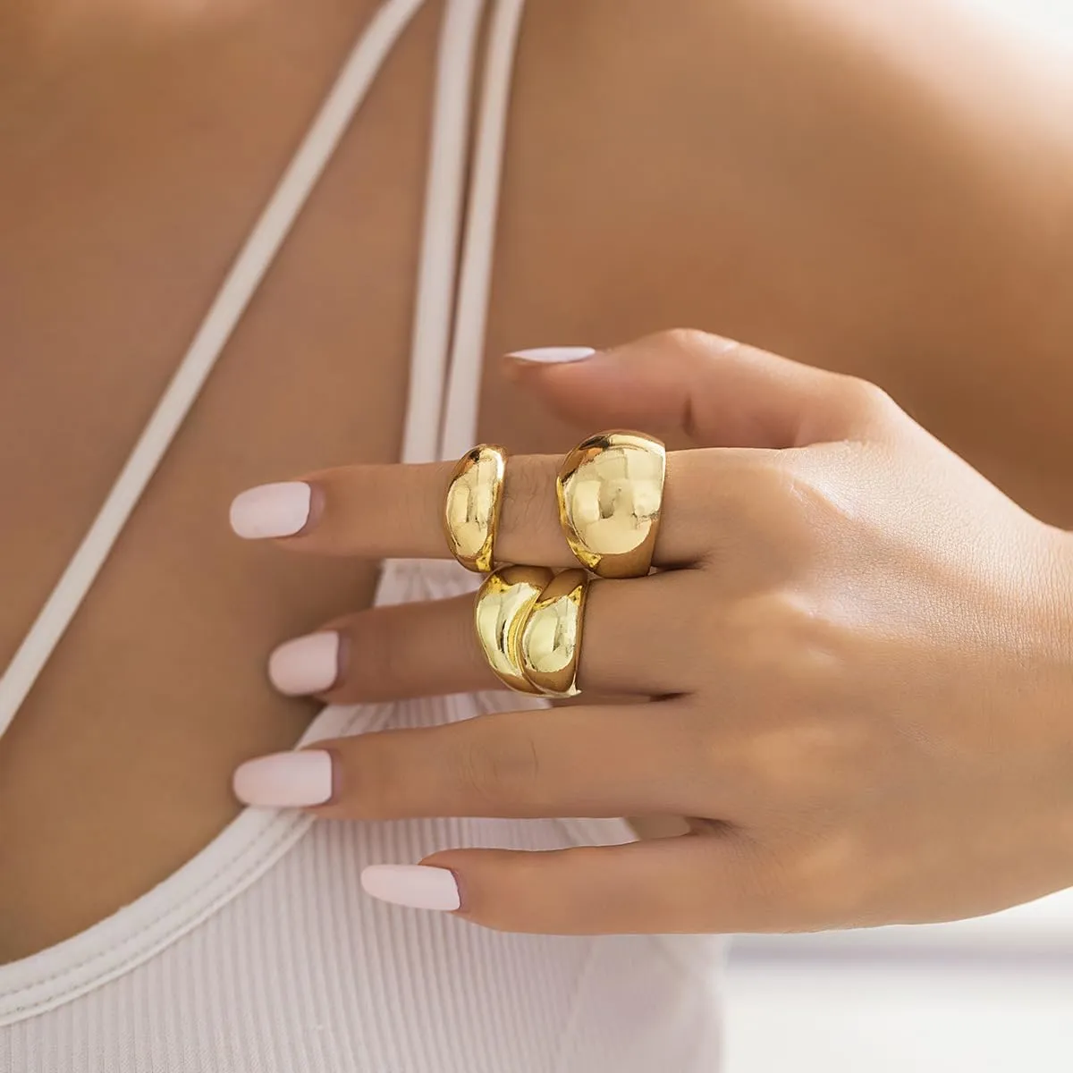 Chunky Gold Rings Adjustable Dainty Thick Dome Rings Stacking Rings for Women,3-8Pcs Chunky Gold Silver Rings Set Minimalist Solid Ring Band Stackable Statement Jewelry