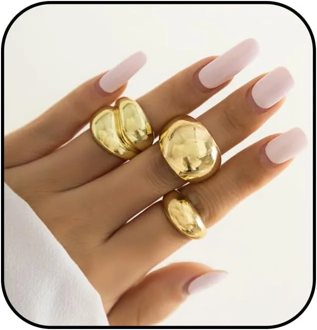Chunky Gold Rings Adjustable Dainty Thick Dome Rings Stacking Rings for Women,3-8Pcs Chunky Gold Silver Rings Set Minimalist Solid Ring Band Stackable Statement Jewelry