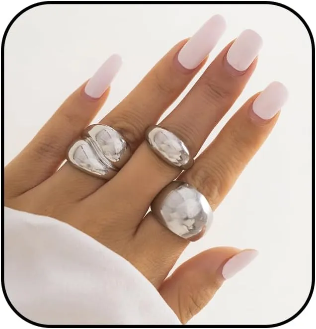 Chunky Gold Rings Adjustable Dainty Thick Dome Rings Stacking Rings for Women,3-8Pcs Chunky Gold Silver Rings Set Minimalist Solid Ring Band Stackable Statement Jewelry