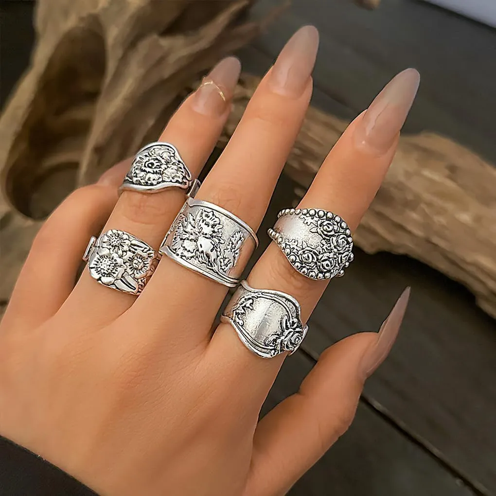 Chunky Gold Stacked Knuckle Open Rings Set for Women, Boho Vintage Y2k Silver Flowers Carved Finger Statement Rings Bohemian Stackable Jewelry