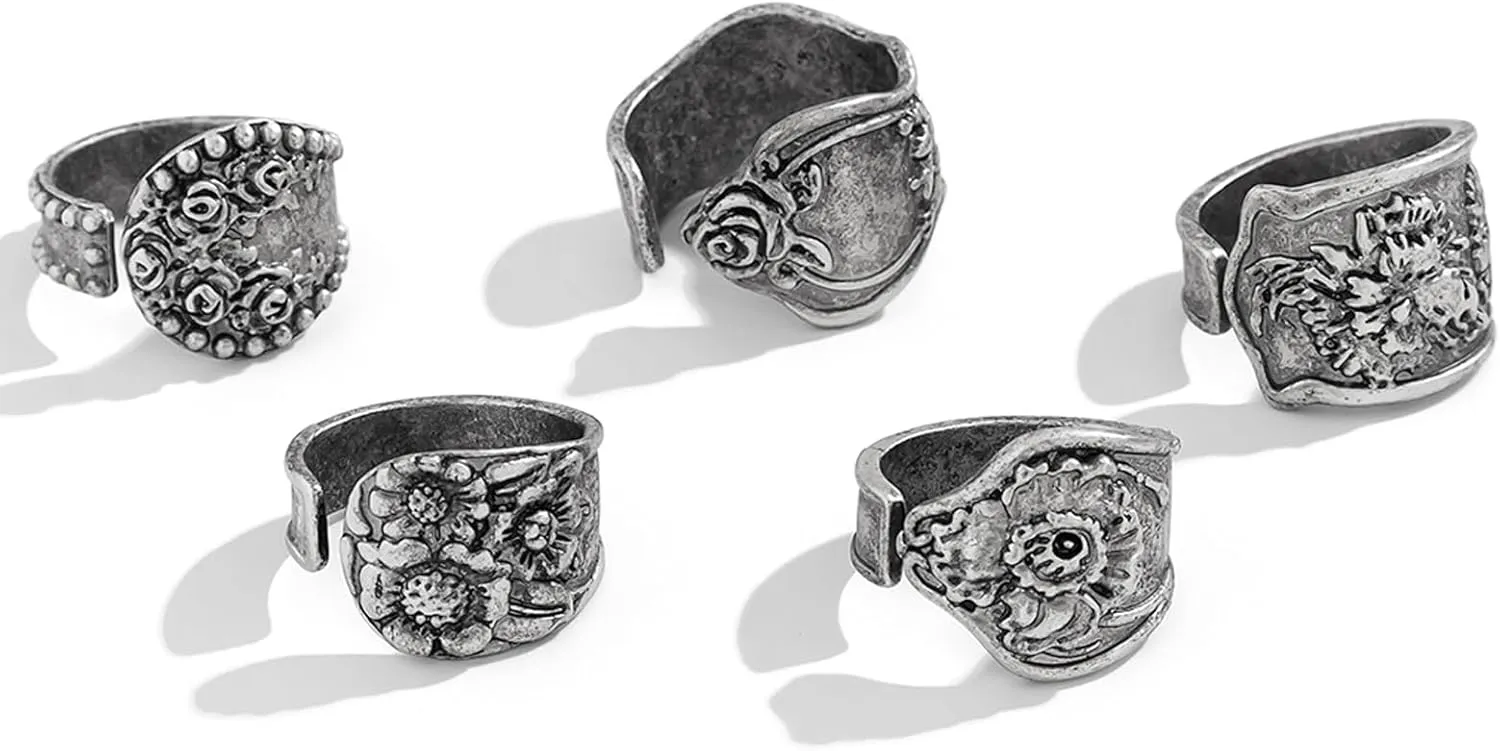 Chunky Gold Stacked Knuckle Open Rings Set for Women, Boho Vintage Y2k Silver Flowers Carved Finger Statement Rings Bohemian Stackable Jewelry