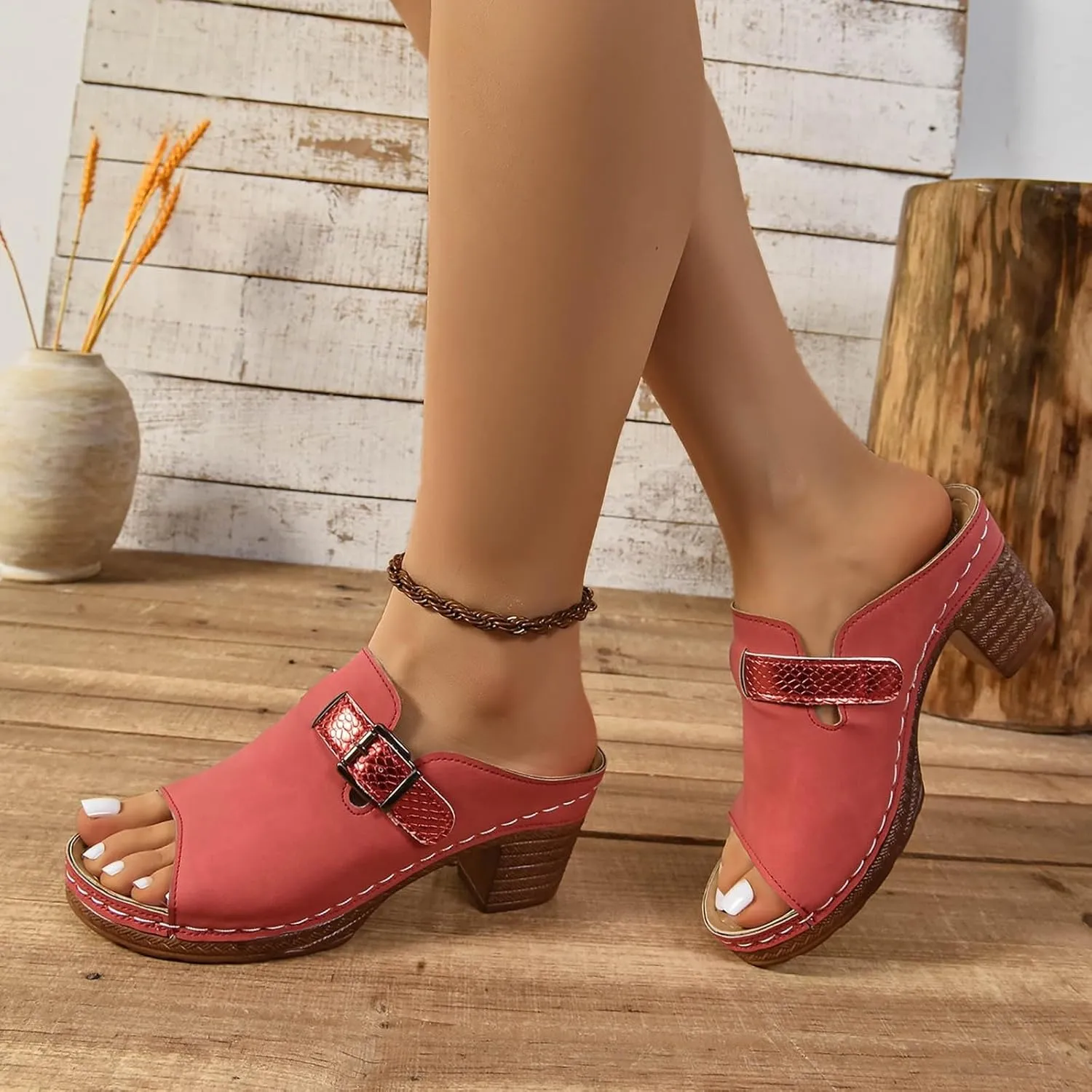 Chunky Heel Sandals for Women 2025 Summer Orthopedic Wedge Sandals, Fish Mouth Open Toe Buckle Backless High Heels Comfortable Slingback Chunky Heels High Heel Sandal Casual Walking Shoes