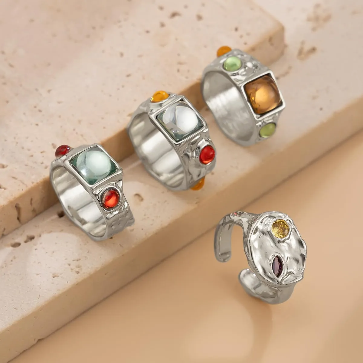 Chunky Knuckle Rings for Women 14K Gold/Silver Plated Crystal Zirconia Ring Set Stacked Opening Adjustable Rings Liquid Irregular Ring Set Prom Jewelry