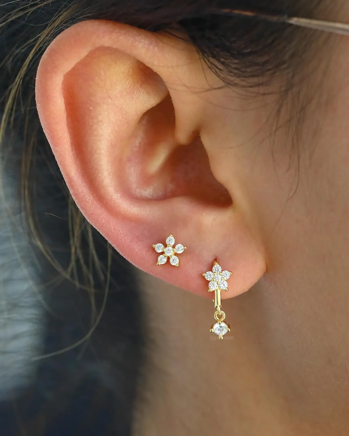 COCHARM 14K Gold Plated 925 Sterling Silver Huggie Hoop Earrings Set 20G Flower Stud Earrings Forward Helix Piercing Jewelry for Women Men