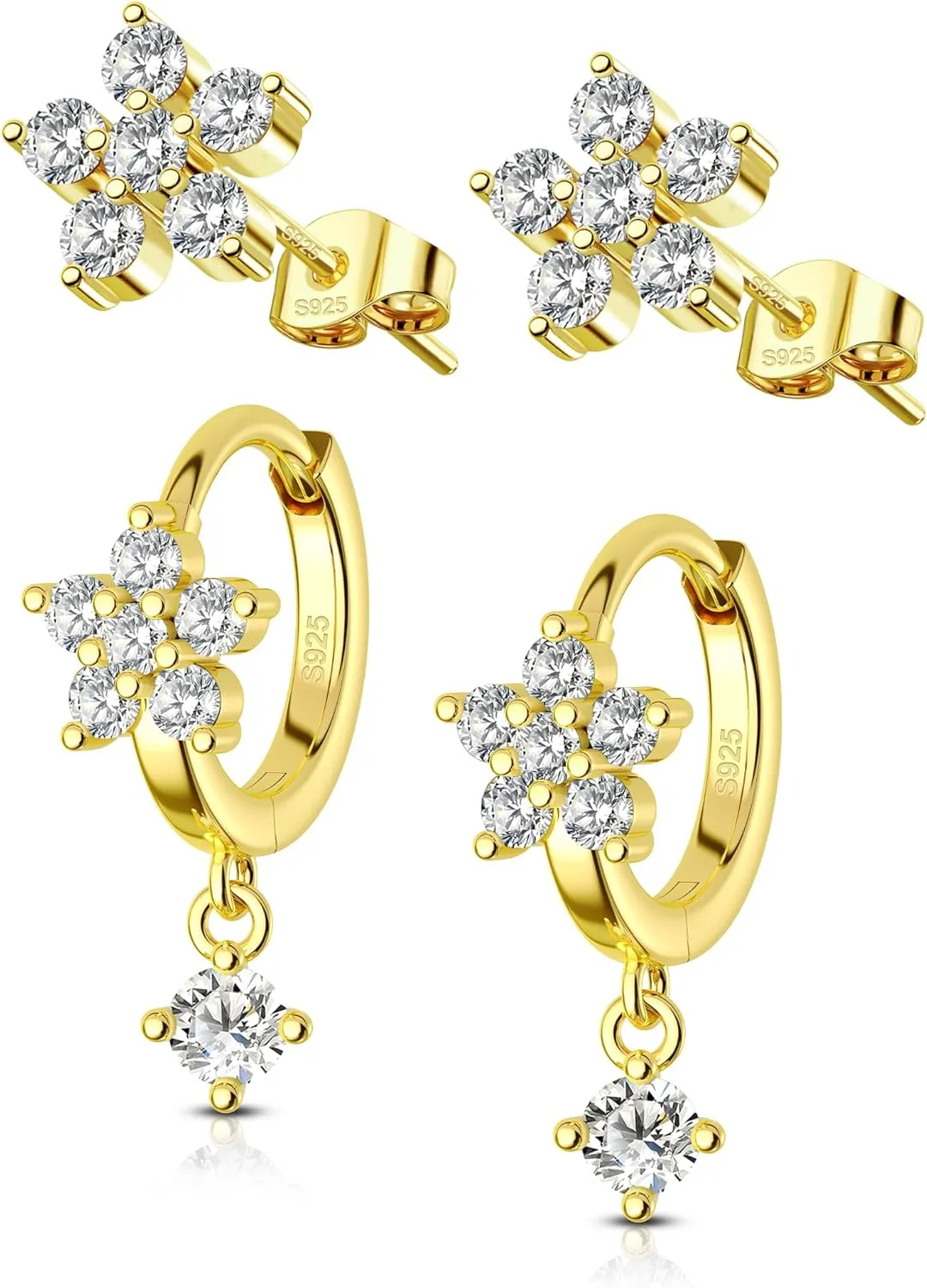 COCHARM 14K Gold Plated 925 Sterling Silver Huggie Hoop Earrings Set 20G Flower Stud Earrings Forward Helix Piercing Jewelry for Women Men