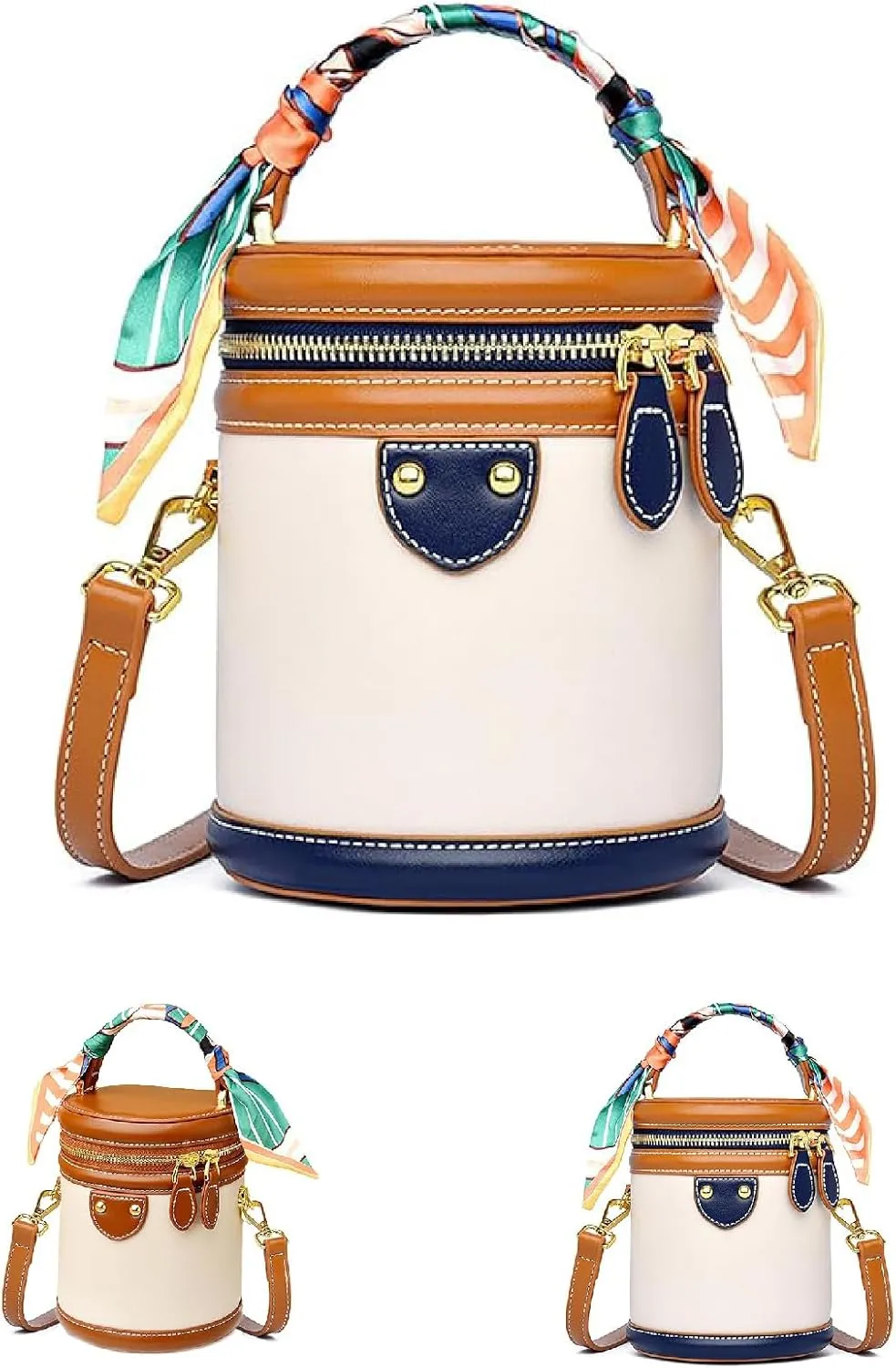 Colorblock Bucket Bag For Women,Colorblock Cylinder Fashion Leather Crossbody Bag For Travel, Vacation