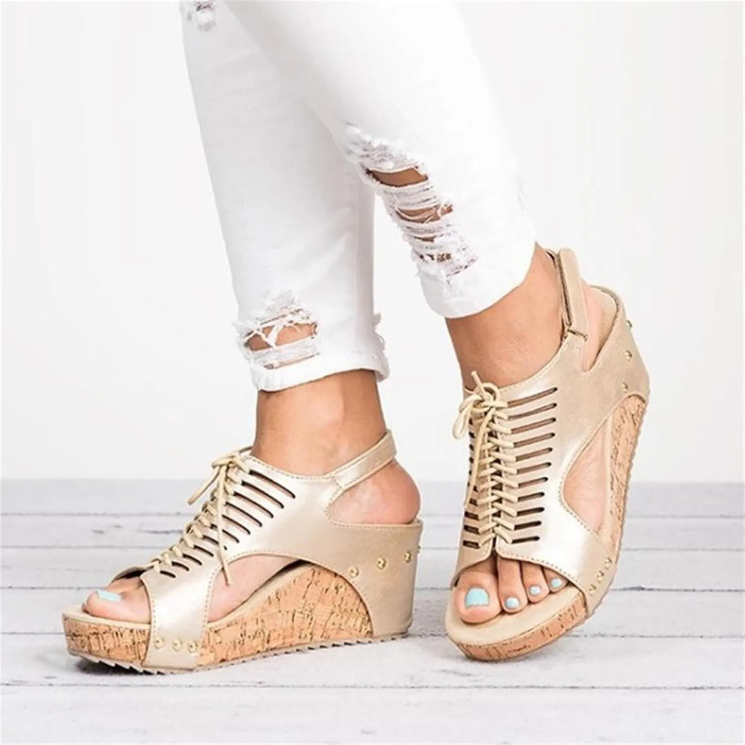 Cork Sandals for Women Lace Up Hollow Out Platform Sandal Hook And Loop Orthopedic Wedge Slides Comfortable Slip On Slides