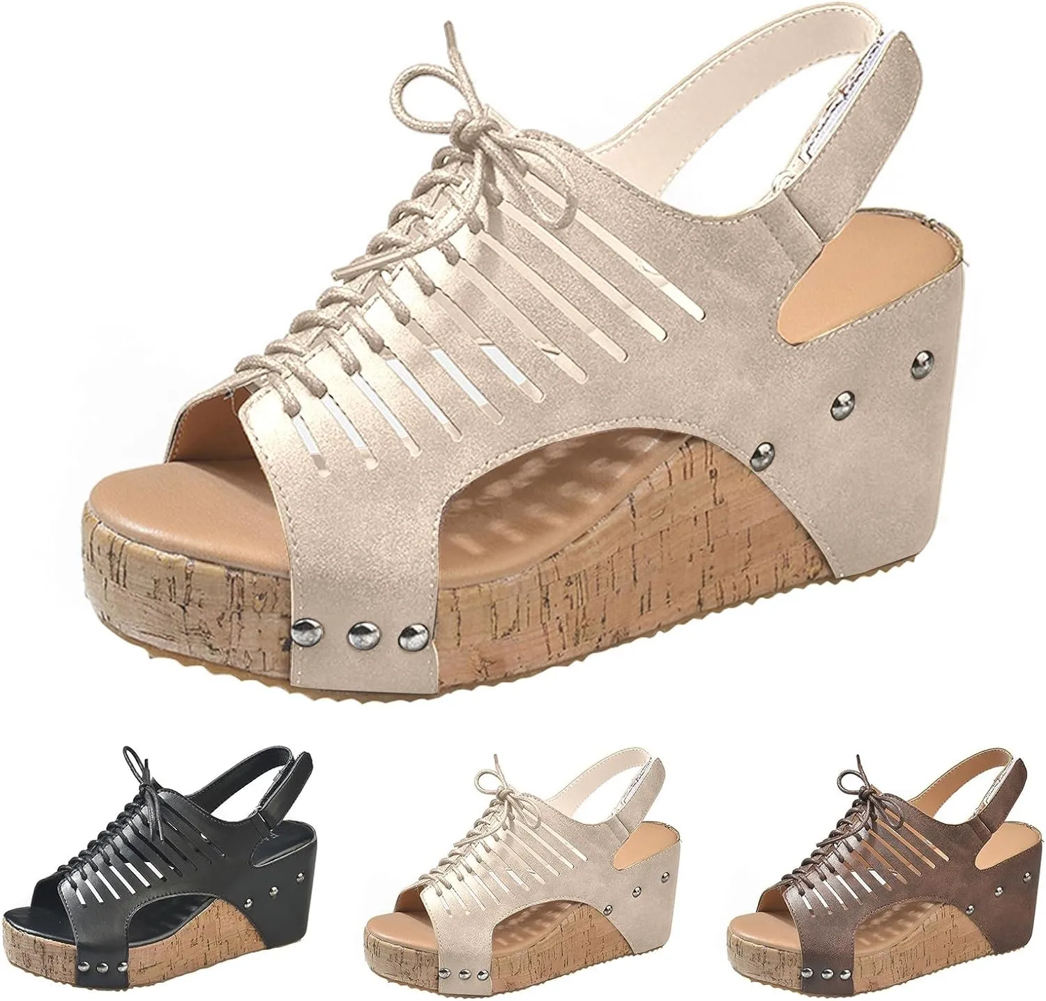 Cork Sandals for Women Lace Up Hollow Out Platform Sandal Hook And Loop Orthopedic Wedge Slides Comfortable Slip On Slides