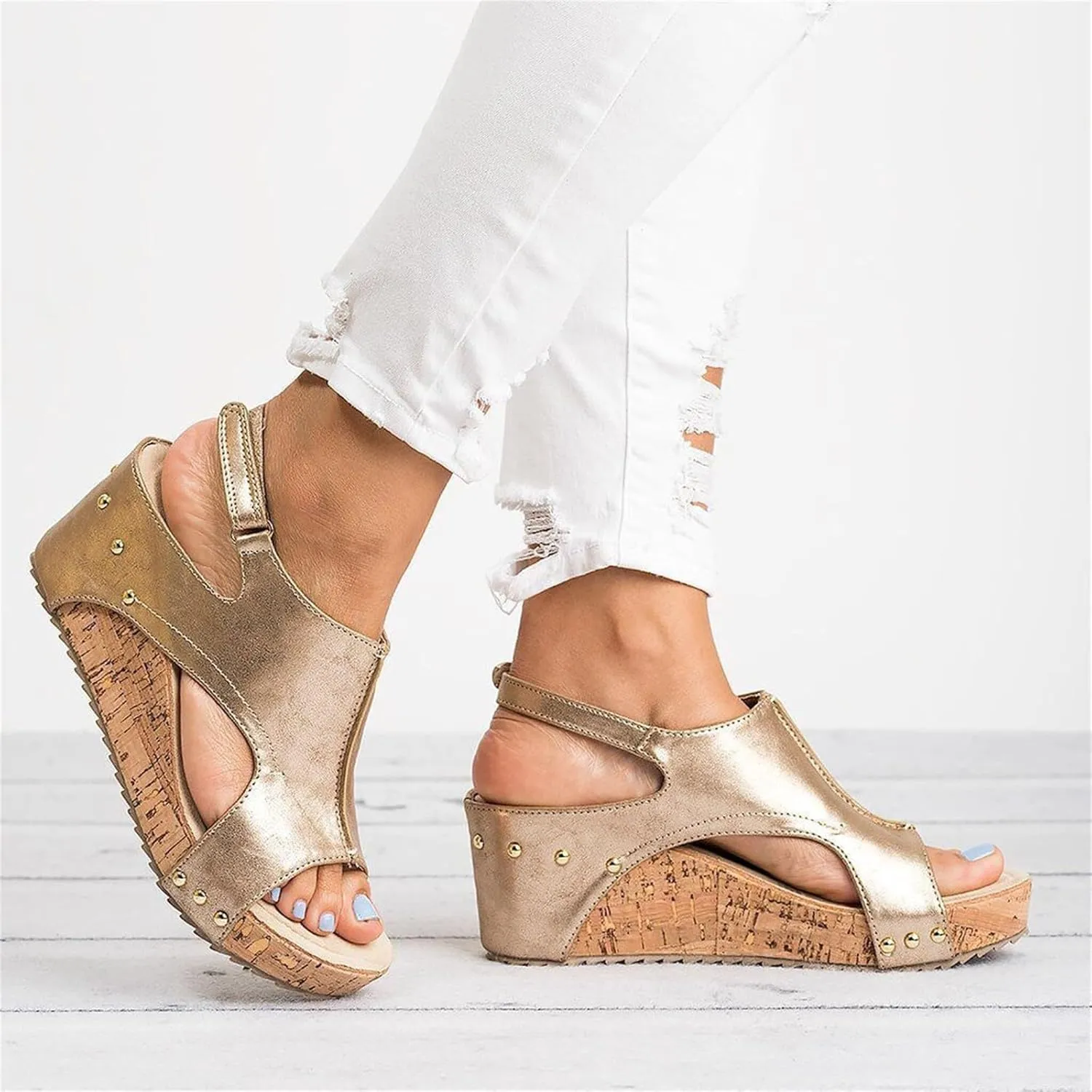 Cork Sandals for Women Lace Up Hollow Out Platform Sandal Hook And Loop Orthopedic Wedge Slides Comfortable Slip On Slides